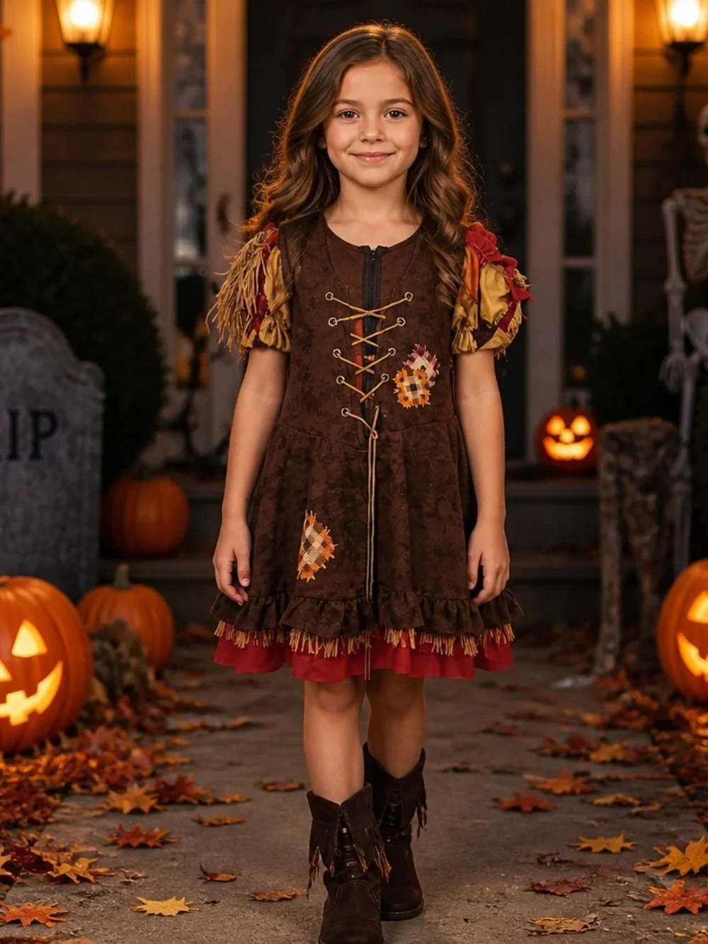Spirit Brown and Red Patchwork Scarecrow Dress Costume